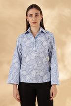 Blue paisley print loose fit Cotton Polo with bell sleeves
