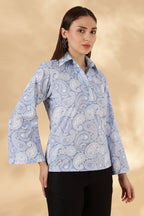 Blue paisley print loose fit Cotton Polo with bell sleeves