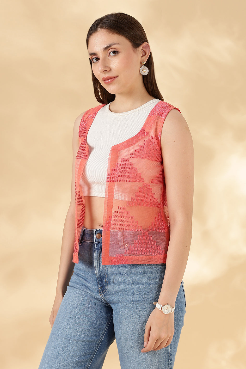Kota Doria Peach Cover up Sheer Vest