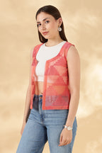 Kota Doria Peach Cover up Sheer Vest