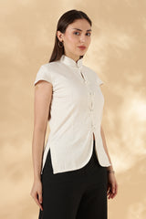 Cream Stretch khadi Mandarin style top