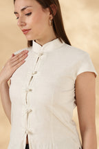 Cream Stretch khadi Mandarin style top