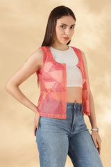 Kota Doria Peach Cover up Sheer Vest