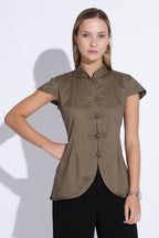 Mandarin Collar Pankou Olive cotton top