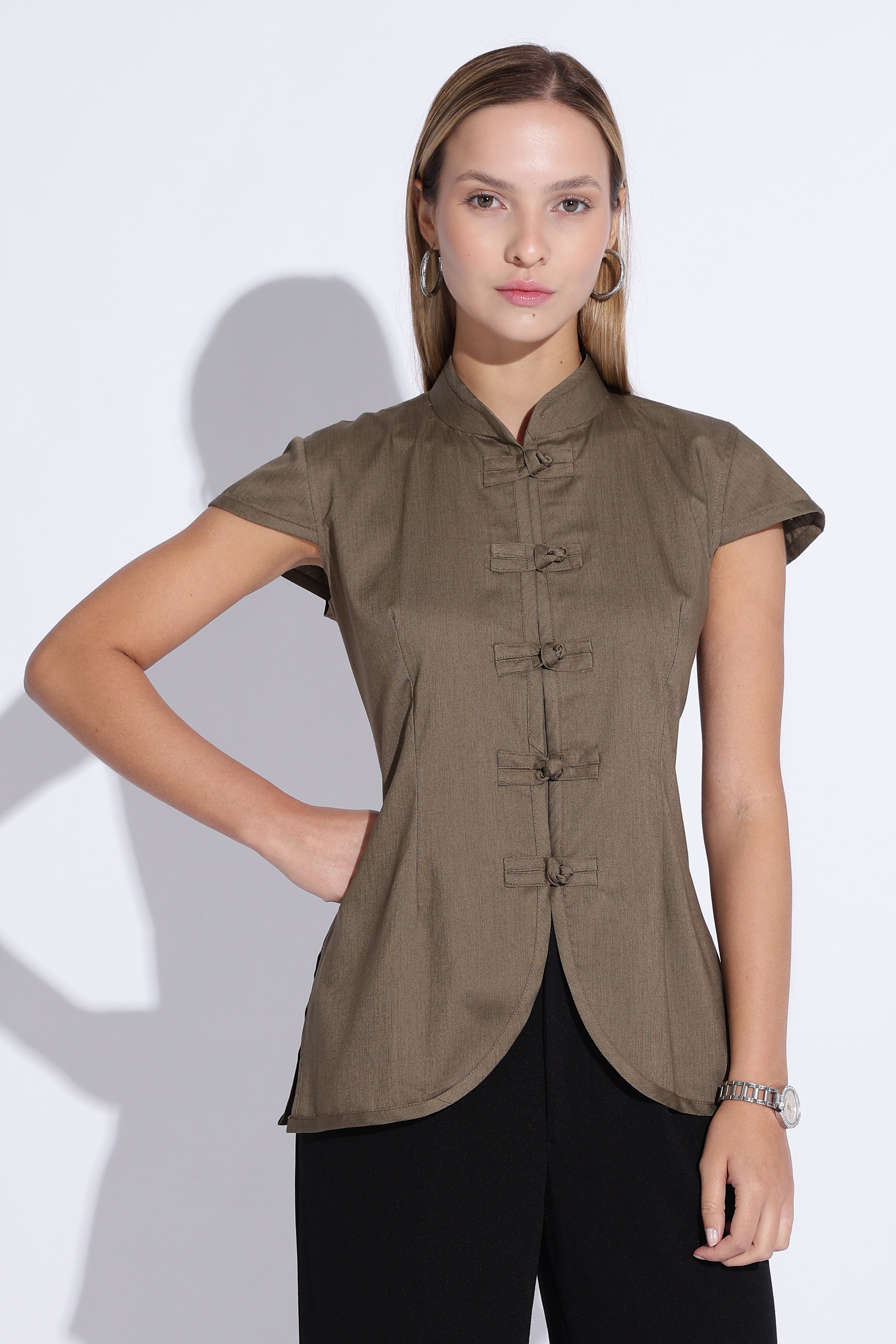 Mandarin Collar Pankou Olive cotton top