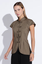 Mandarin Collar Pankou Olive cotton top
