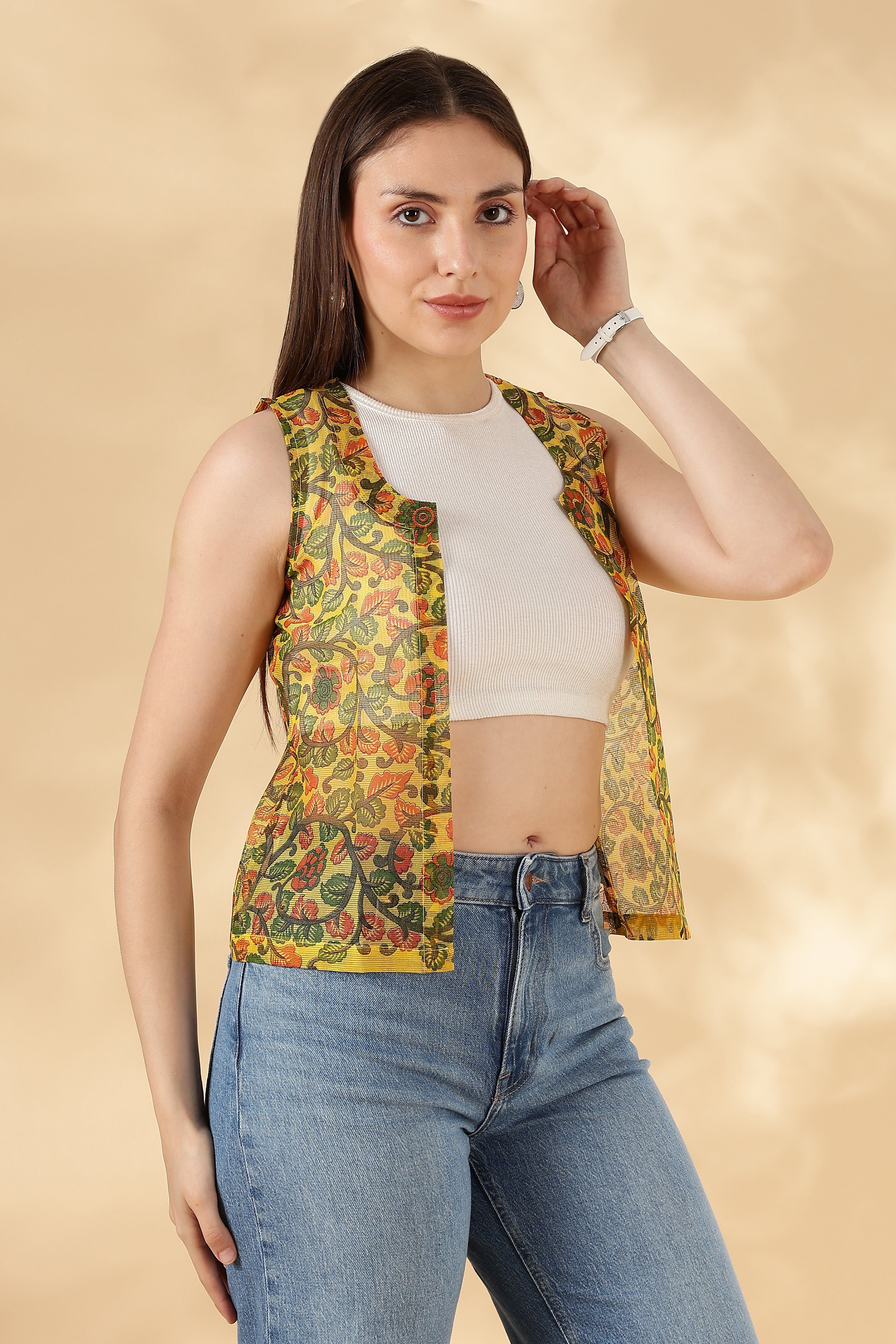 Kota Doria Yellow Cover up Sheer Vest