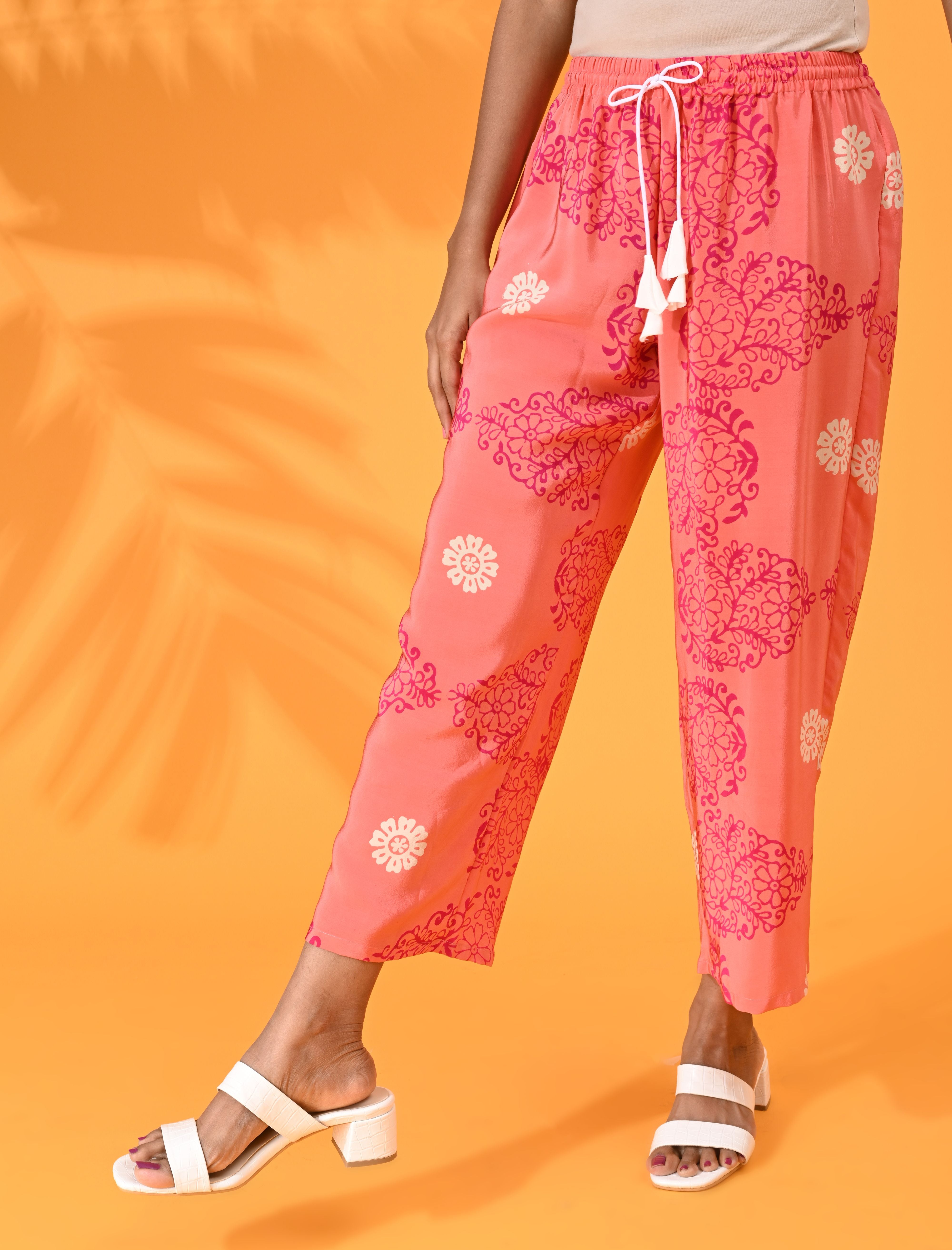 Pink, Silk pant, Silk trouser, Pink pant, Pink trouser, Casual wear, Bottom Wear, silk elasticated pant, silk elasticated trouser, Pink floral print pans, Pink floral print pants.