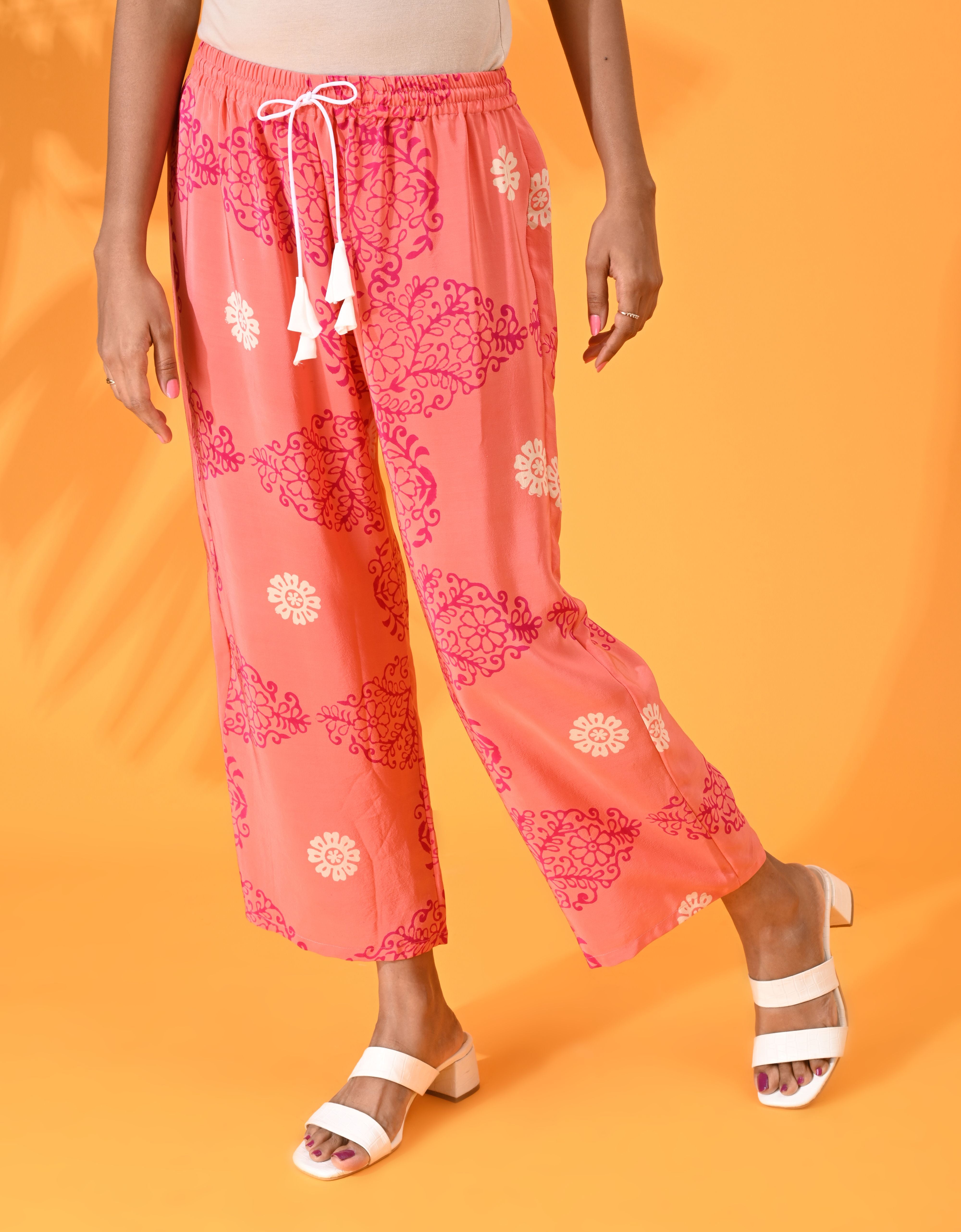 Pink, Silk pant, Silk trouser, Pink pant, Pink trouser, Casual wear, Bottom Wear, silk elasticated pant, silk elasticated trouser, Pink floral print pans, Pink floral print pants.