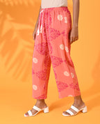 Pink, Silk pant, Silk trouser, Pink pant, Pink trouser, Casual wear, Bottom Wear, silk elasticated pant, silk elasticated trouser, Pink floral print pans, Pink floral print pants.