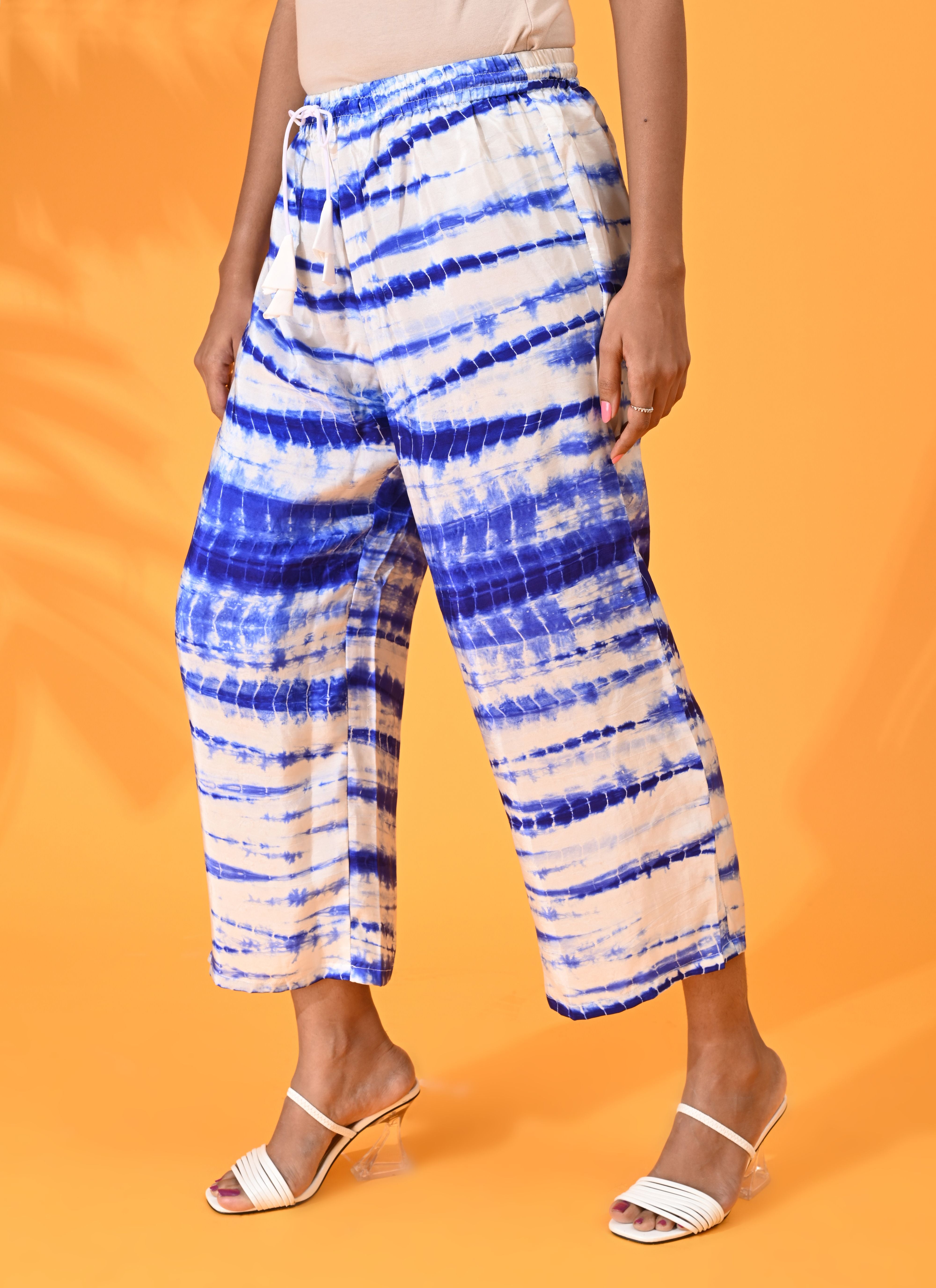 Blue, Silk pant, Silk trouser, blue pant, blue trouser, Casual wear, Bottom Wear, Blue tie and dye pant, tie and dye trouser, silk elasticated pant, silk elasticated trouser.