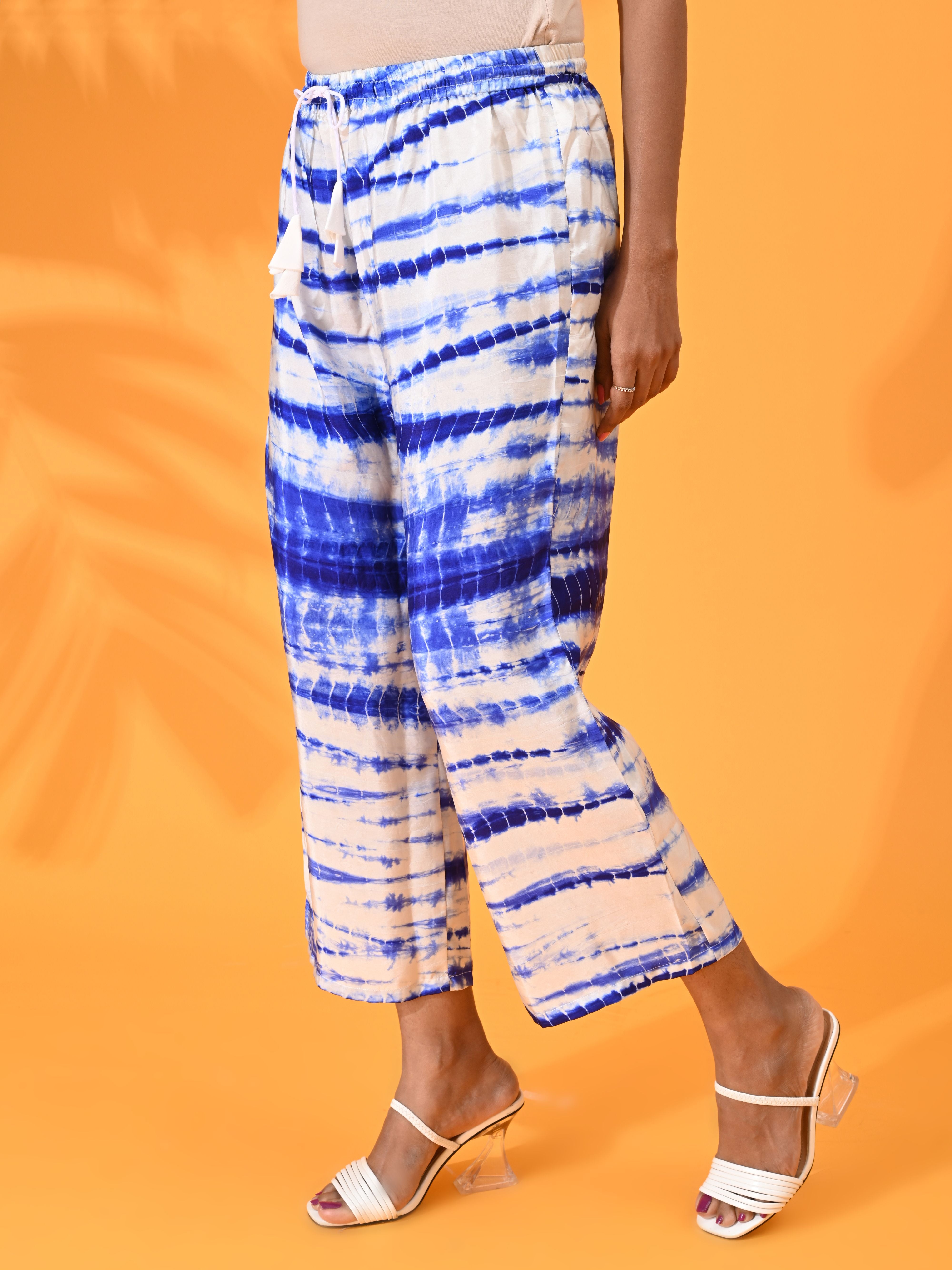 Blue, Silk pant, Silk trouser, blue pant, blue trouser, Casual wear, Bottom Wear, Blue tie and dye pant, tie and dye trouser, silk elasticated pant, silk elasticated trouser.