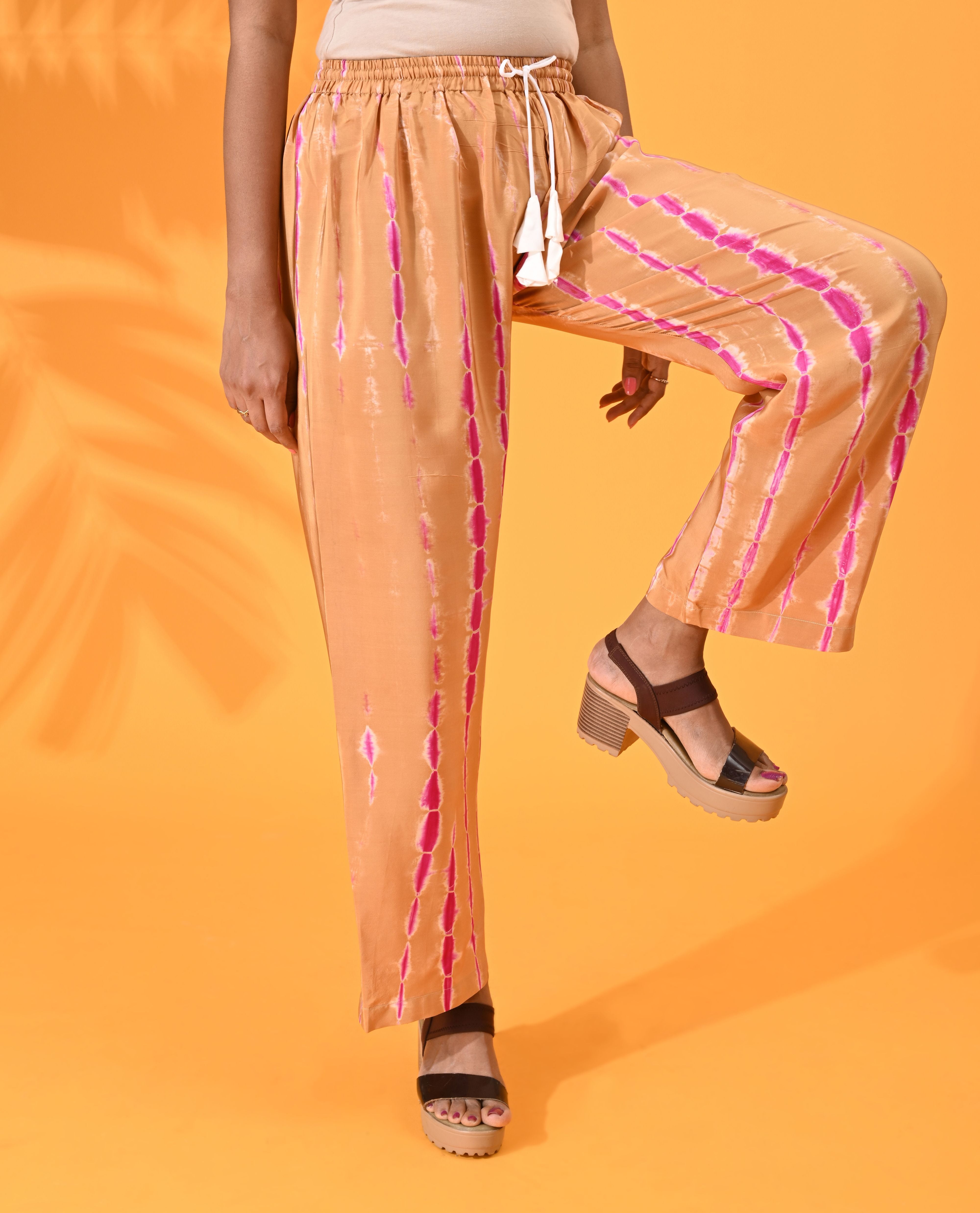 Pink, Pink pant, Pink trouser, Pink bottom wear, Mustard, Mustard pant, Mustard trouser, Mustard bottom wear Silk, Silk pant, Silk trouser, Silk bottom wear Pant, Trouser, Casual wear, Bottom Wear, Silk, Tie and dye pants, Elasticated