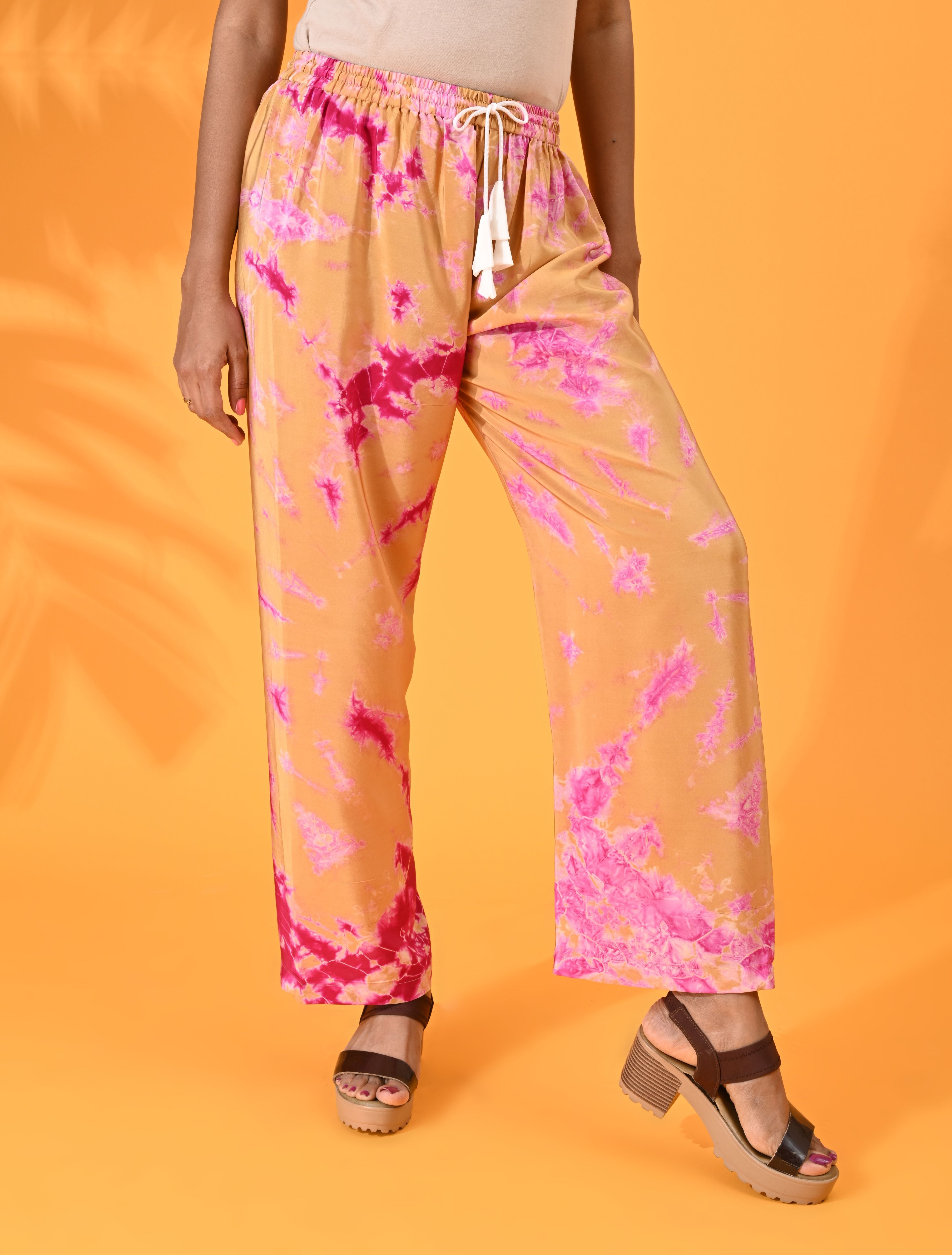 Pink, Pink pant, Pink trouser, Pink bottom wear, Mustard, Mustard pant, Mustard trouser, Mustard bottom wear Silk, Silk pant, Silk trouser, Silk bottom wear Pant, Trouser, Casual wear, Bottom Wear, Silk, Tie and dye pants, Elasticated