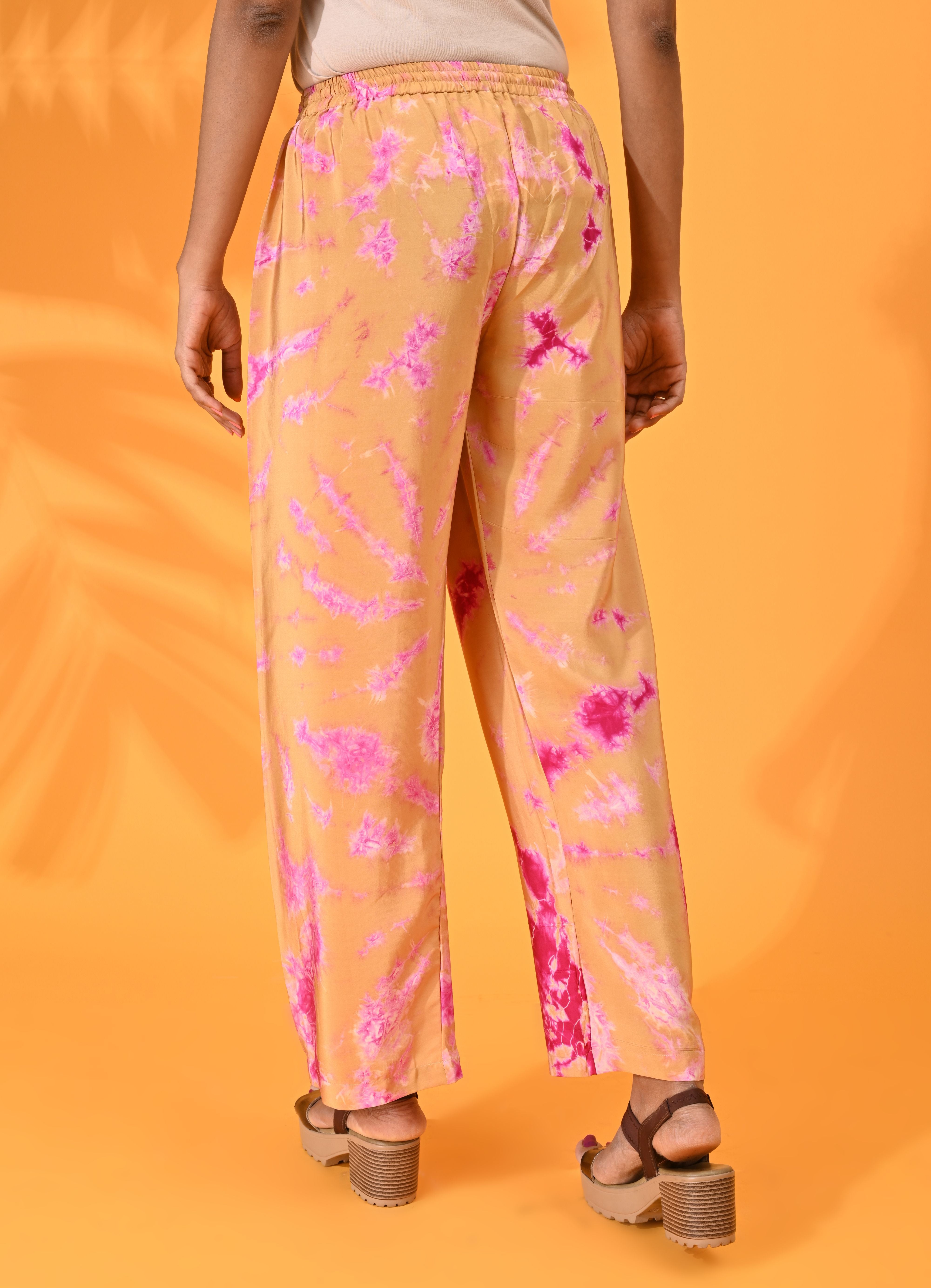 Pink, Pink pant, Pink trouser, Pink bottom wear, Mustard, Mustard pant, Mustard trouser, Mustard bottom wear Silk, Silk pant, Silk trouser, Silk bottom wear Pant, Trouser, Casual wear, Bottom Wear, Silk, Tie and dye pants, Elasticated