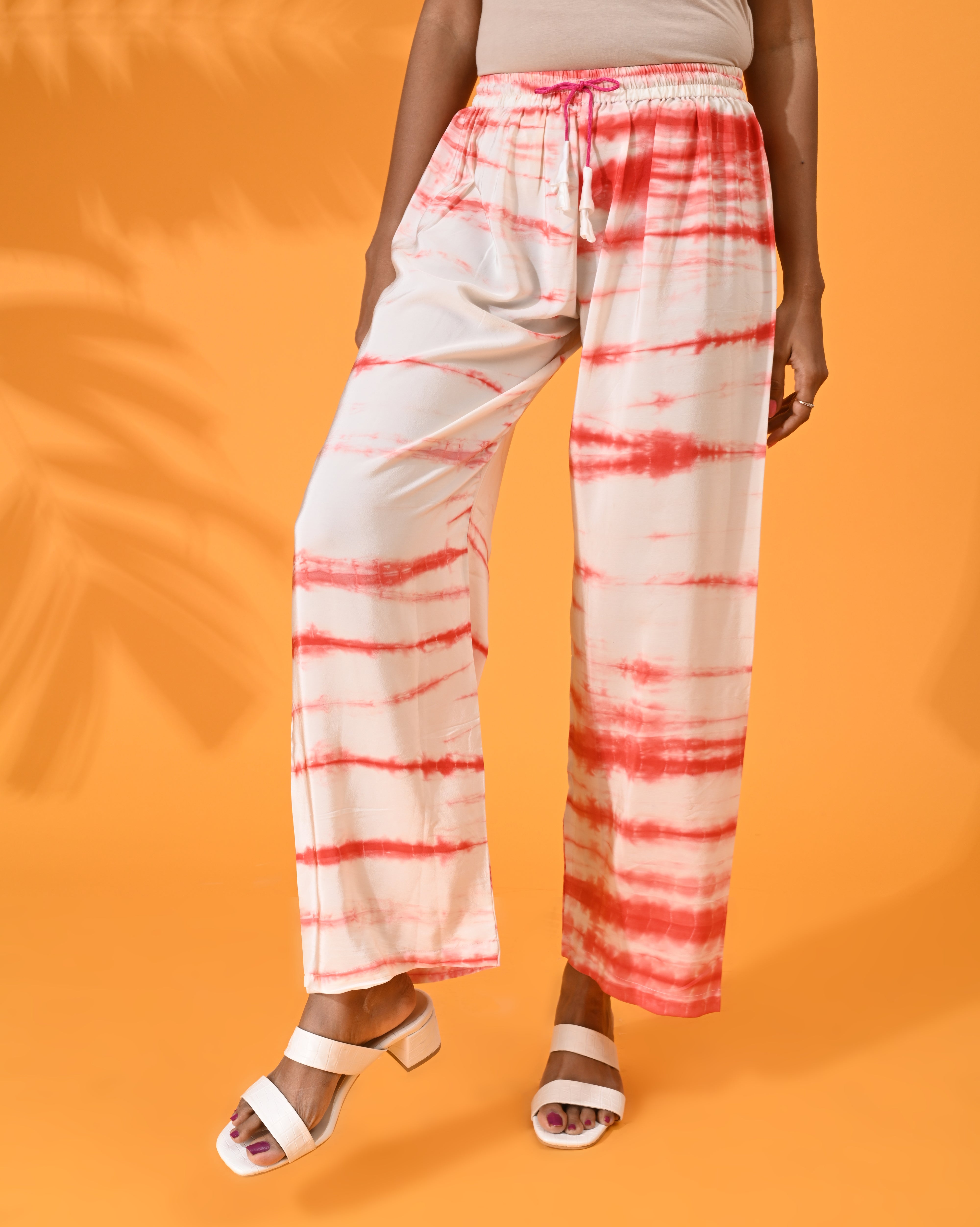 Red, Red pant, Red trouser, Red bottom wear, White, White pant, White trouser, White bottom wear Silk, Silk pant, Silk trouser, Silk bottom wear Pant, Trouser, Casual wear, Bottom Wear, Shibori Print