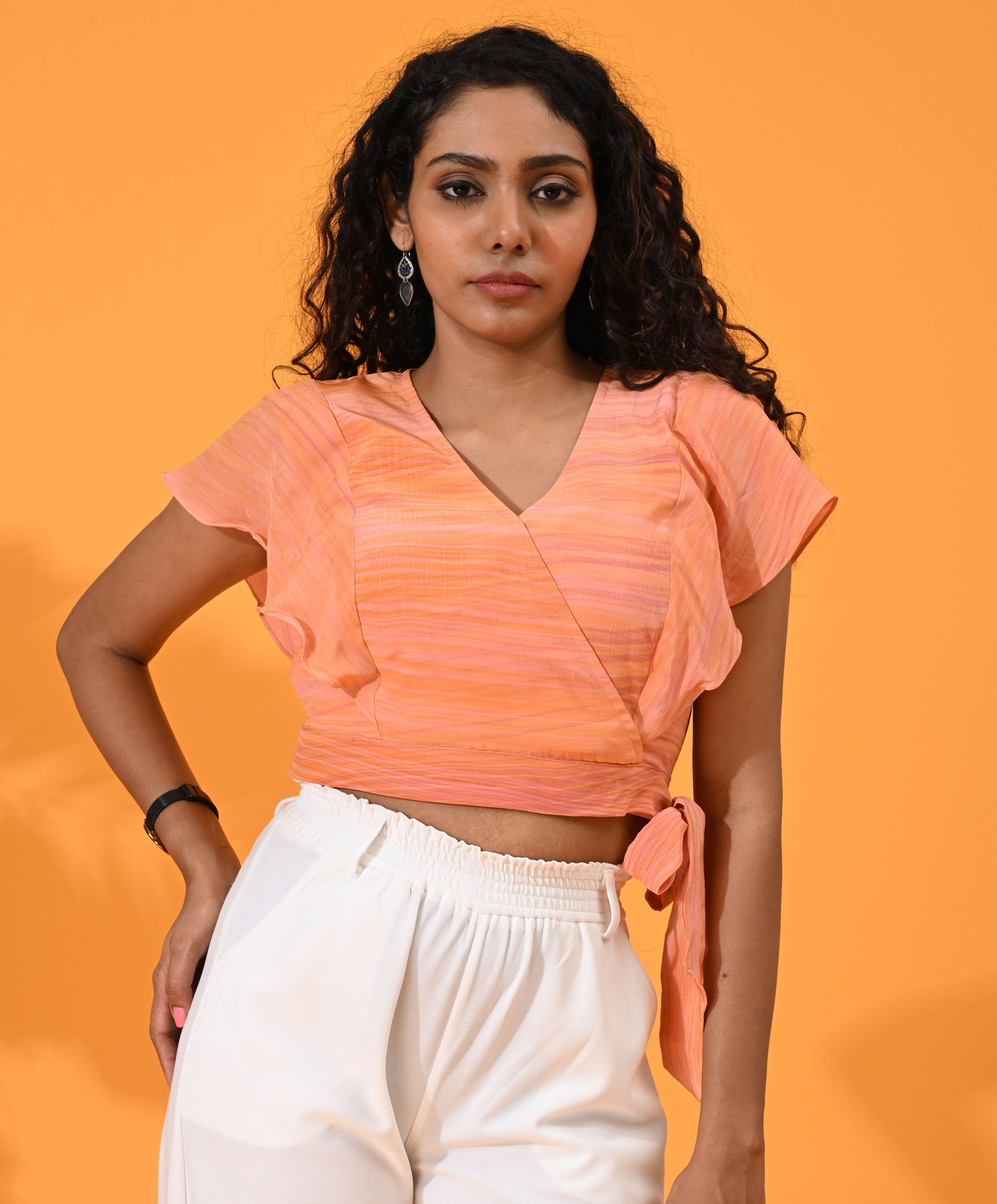 Orange, Crop top, Top wear, Silk, Casual top, Multi color crop top. silk tops