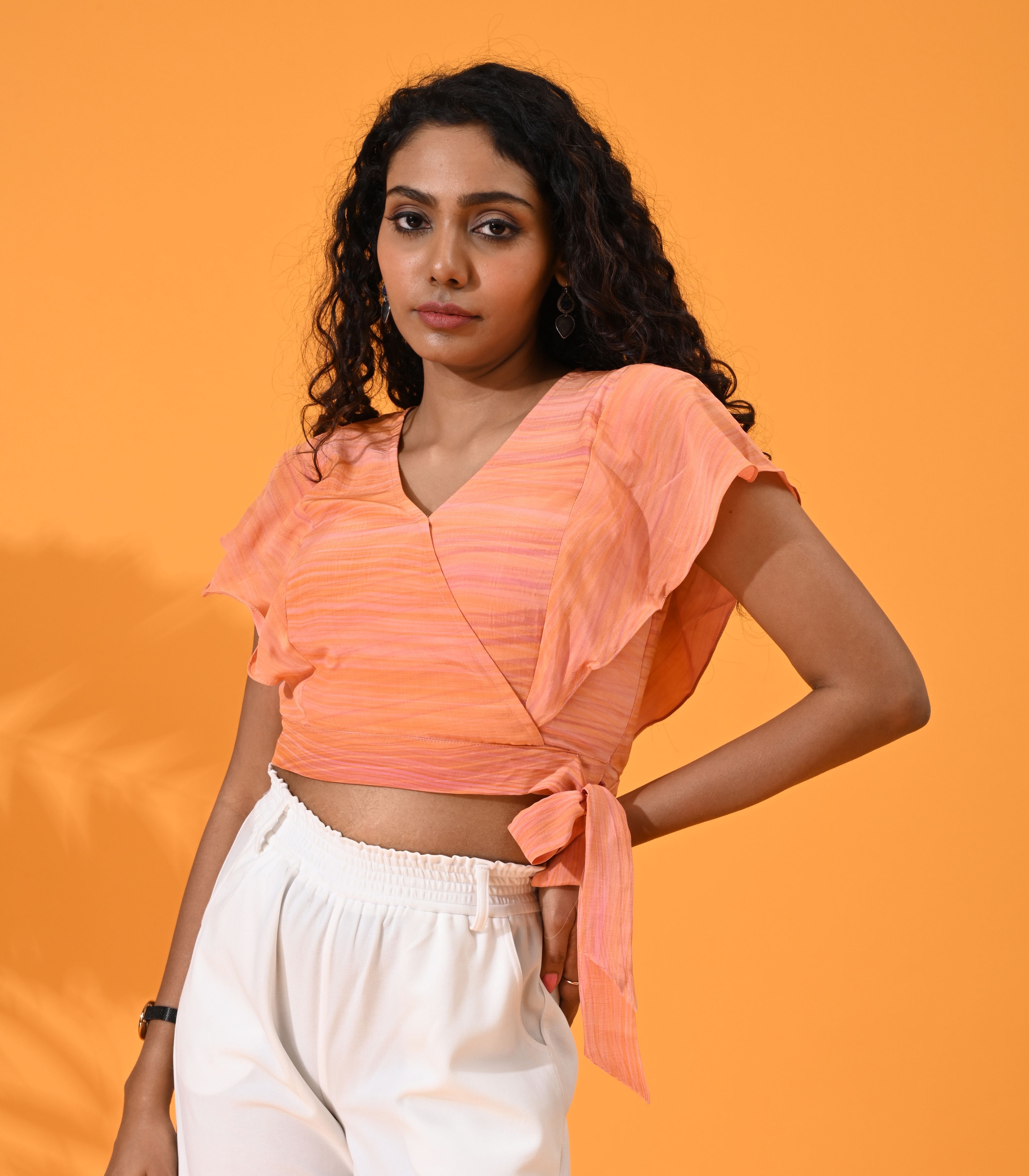 Orange, Crop top, Top wear, Silk, Casual top, Multi color crop top. silk tops