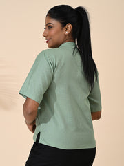 MABA Linen Cotton Mandarin Collar Cropped Shirt Green