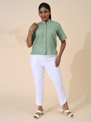 MABA Linen Cotton Mandarin Collar Cropped Shirt Green