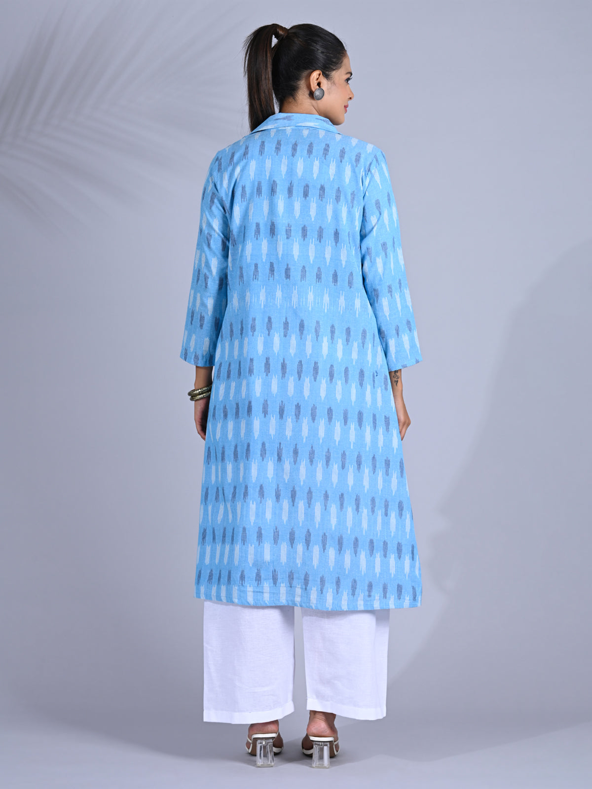 Maba Cotton Trench Coat Co-ord Set in Blue Ikkat pattern