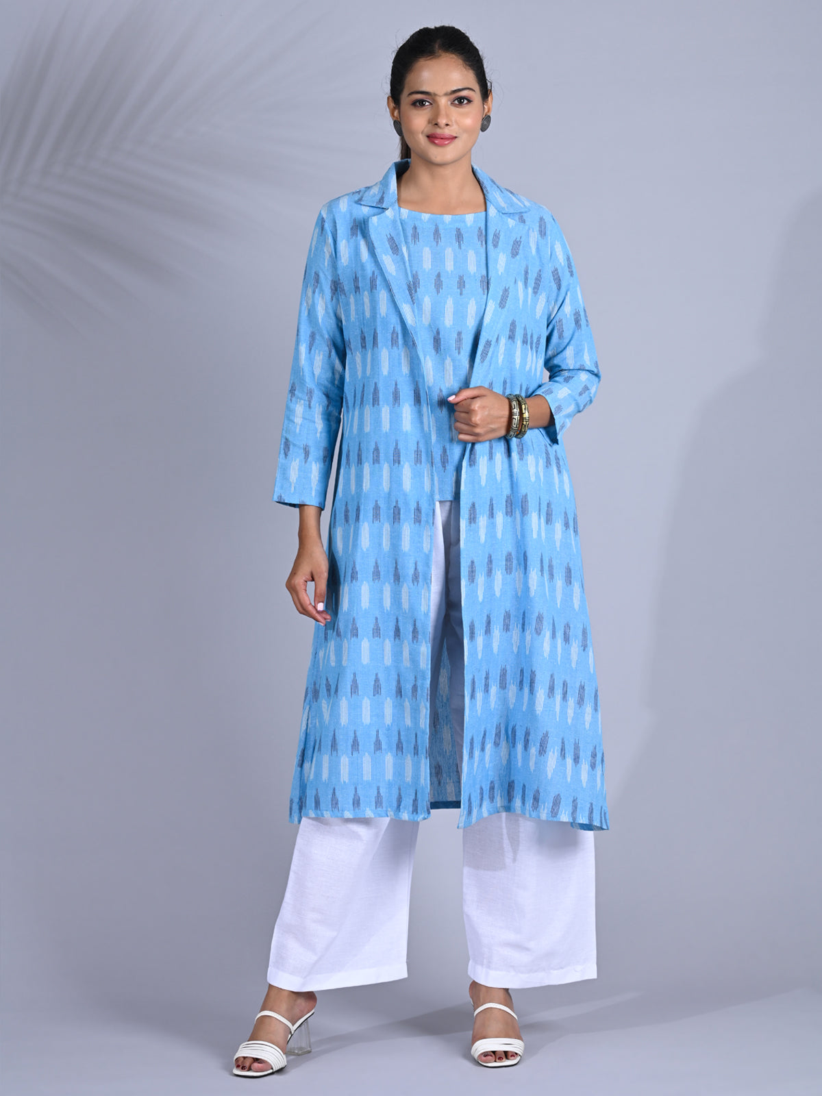 Maba Cotton Trench Coat Co-ord Set in Blue Ikkat pattern