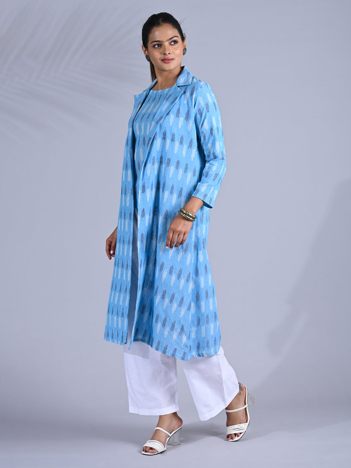 Maba Cotton Trench Coat Co-ord Set in Blue Ikkat pattern