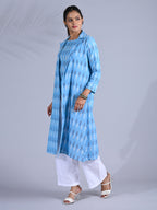 Maba Cotton Trench Coat Co-ord Set in Blue Ikkat pattern