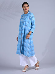 Maba Cotton Trench Coat Co-ord Set in Blue Ikkat pattern