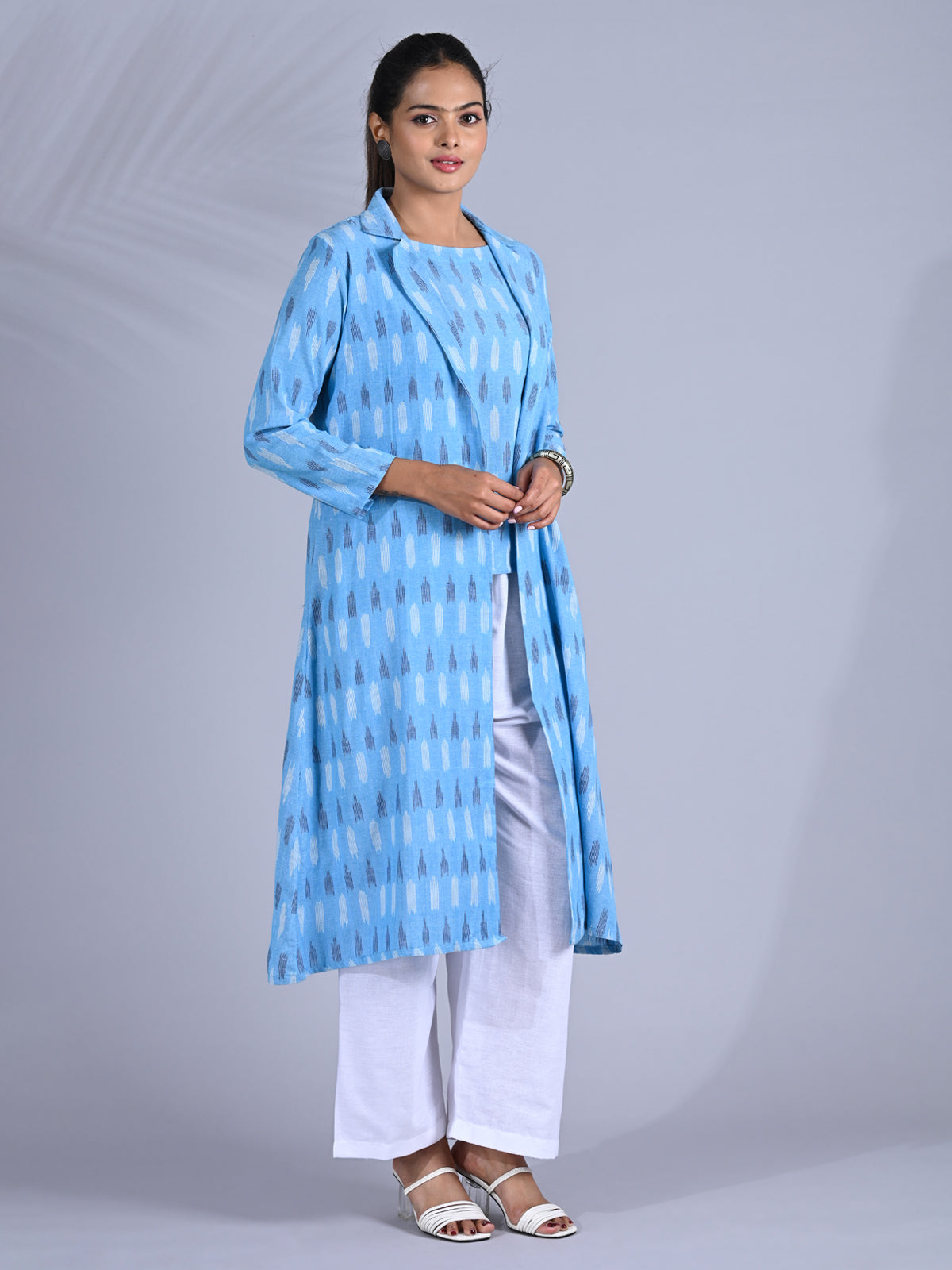 Maba Cotton Trench Coat Co-ord Set in Blue Ikkat pattern