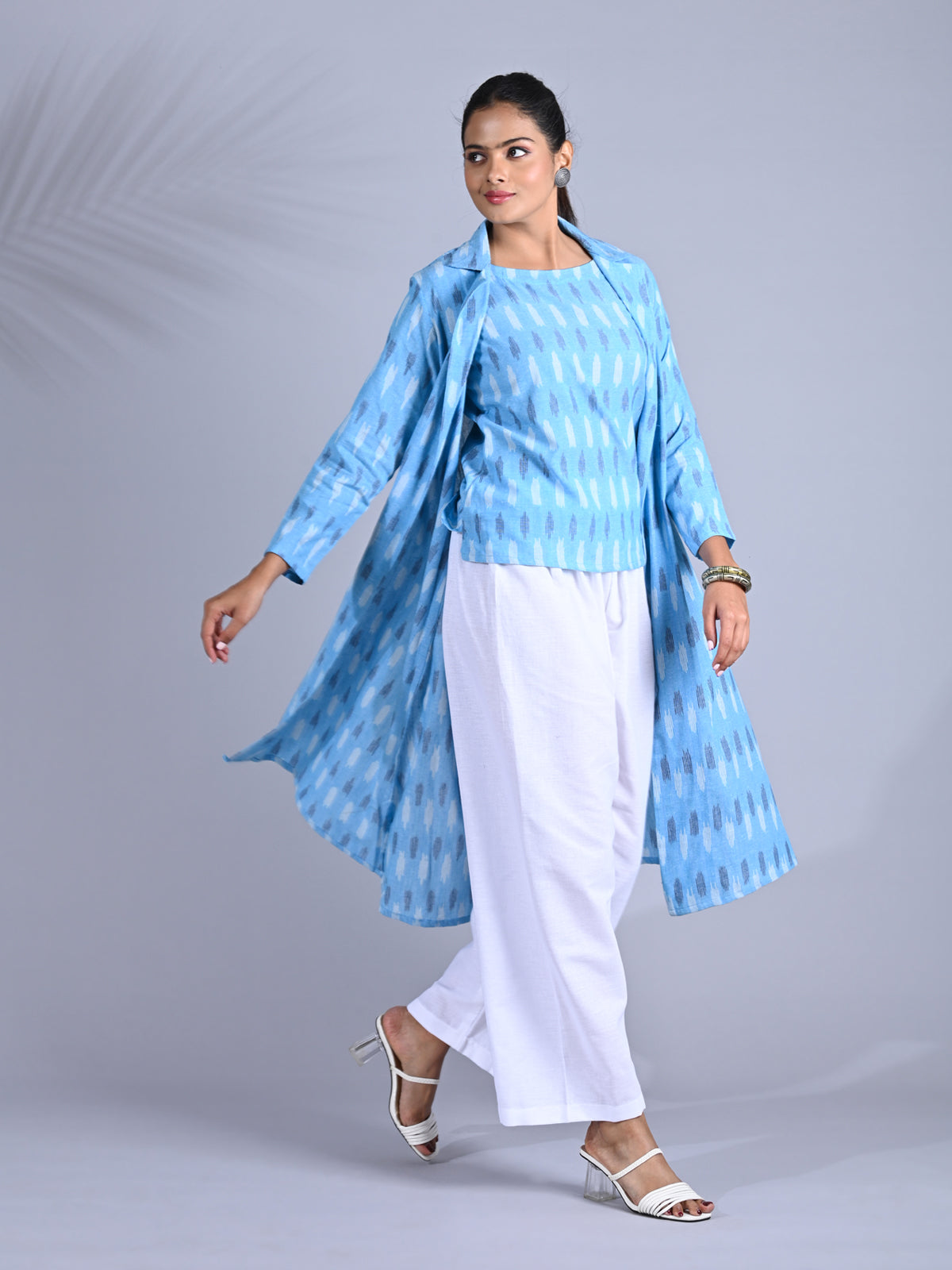 Maba Cotton Trench Coat Co-ord Set in Blue Ikkat pattern