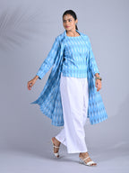 Maba Cotton Trench Coat Co-ord Set in Blue Ikkat pattern