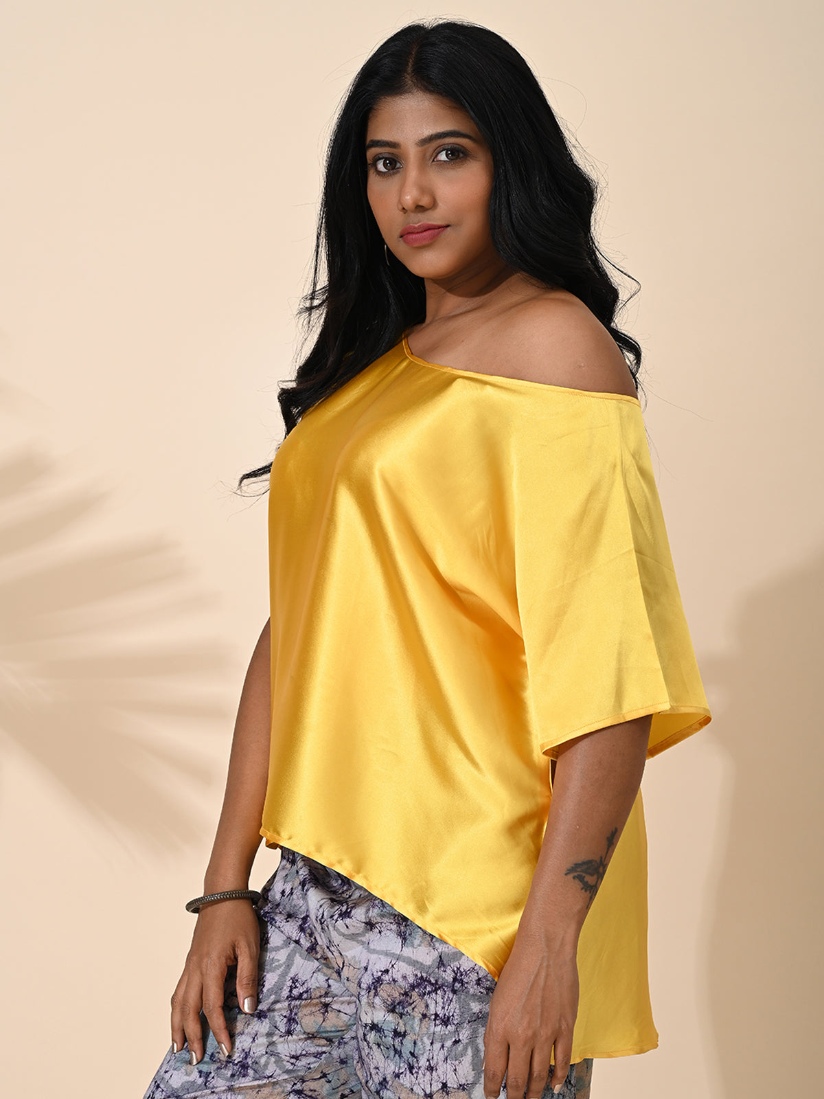 Yellow, tops, Top wear, Silk, Casual wear, Yellow top, Yellow silk top, Yellow Shade top, Yellow top, satin Silk top, Satin Top, Yellow satin silk top.