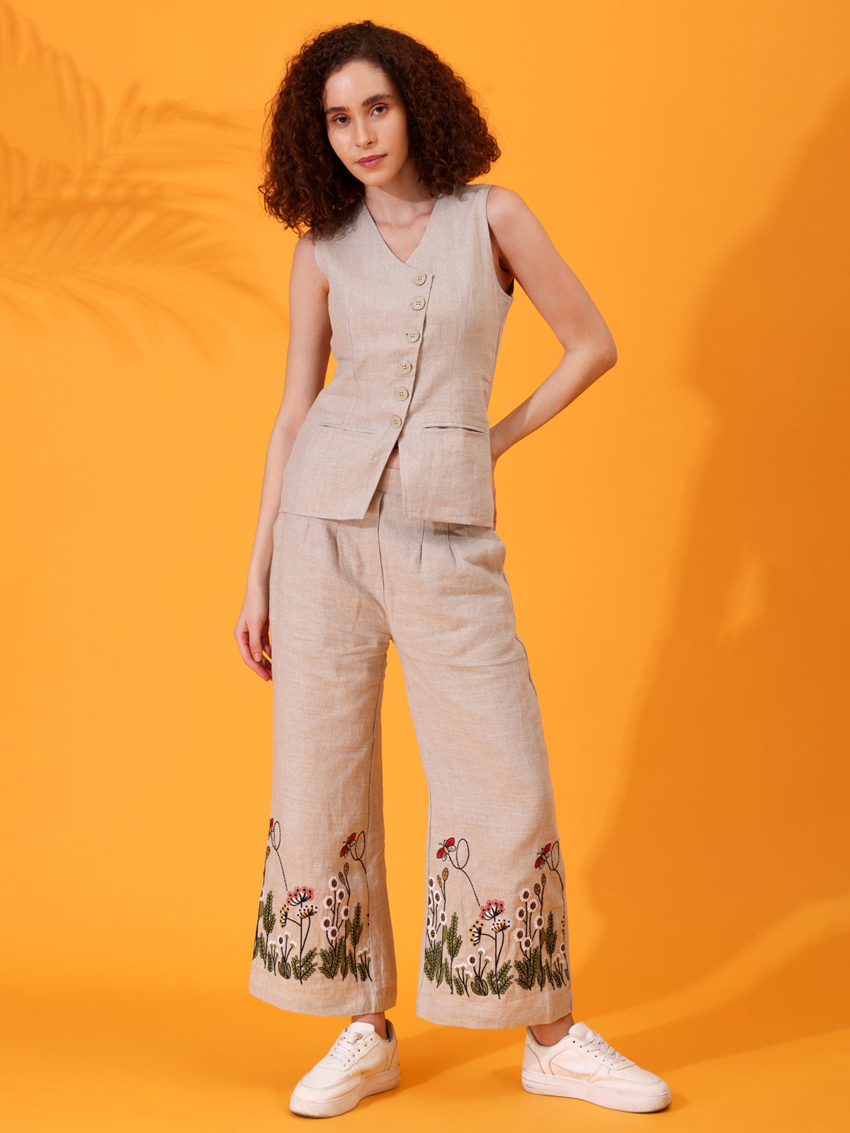 MABA Linen Waistcoat and Embroidered Pant Co-ord set - Beige