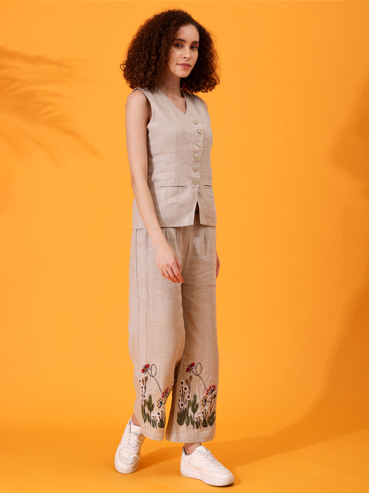 MABA Linen Waistcoat and Embroidered Pant Co-ord set - Beige