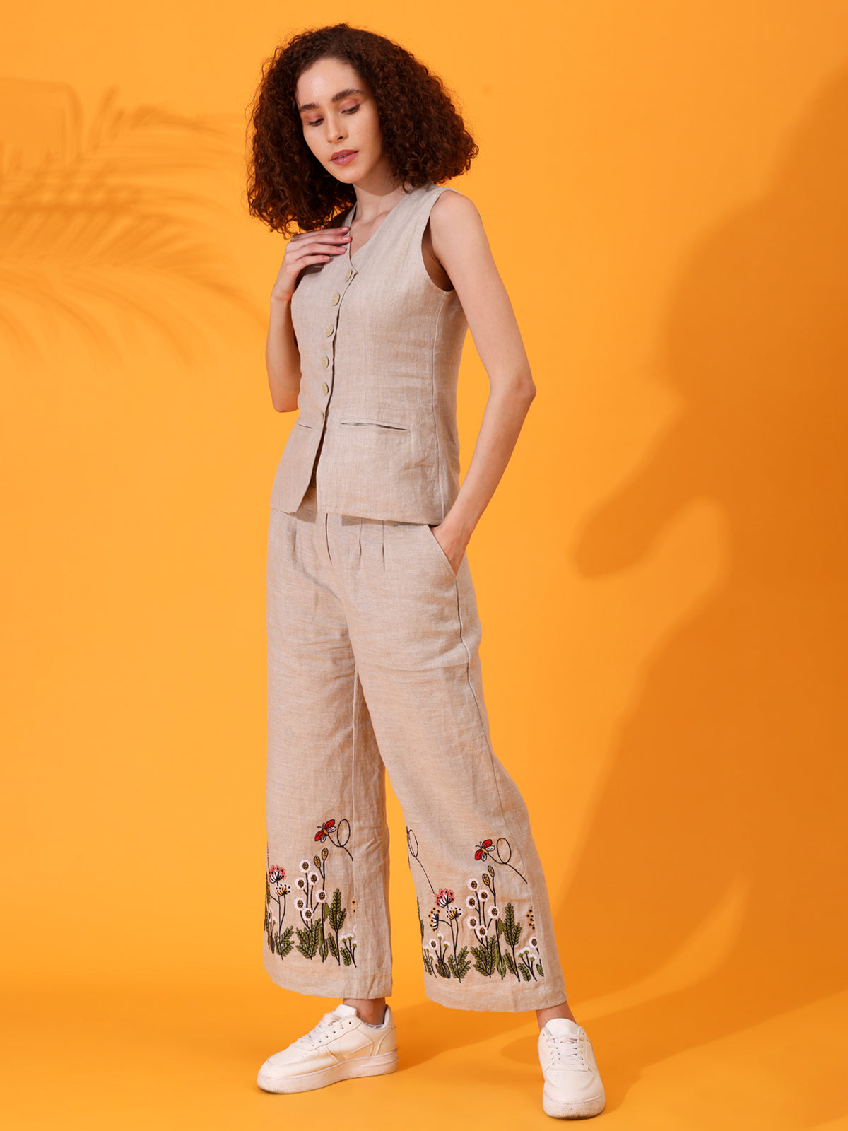 MABA Linen Waistcoat and Embroidered Pant Co-ord set - Beige