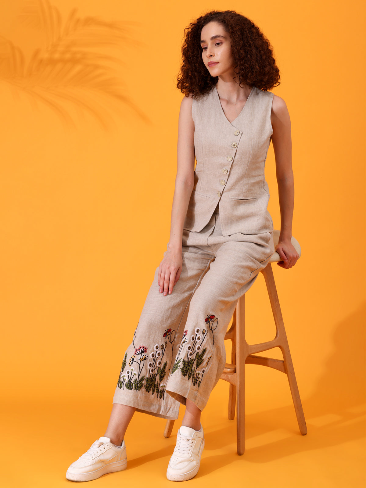 MABA Linen Waistcoat and Embroidered Pant Co-ord set - Beige