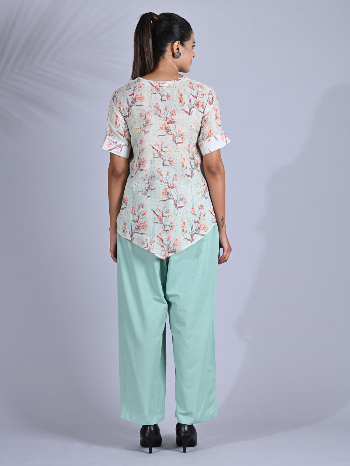 Maba Pure linen Floral print Mint Green Co-ord Set