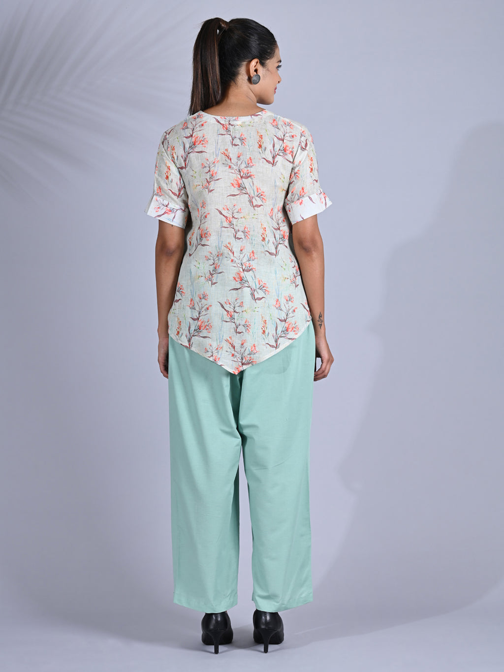 Maba Pure linen Floral print Mint Green Co-ord Set