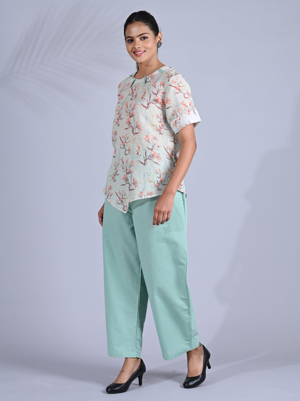 Maba Pure linen Floral print Mint Green Co-ord Set