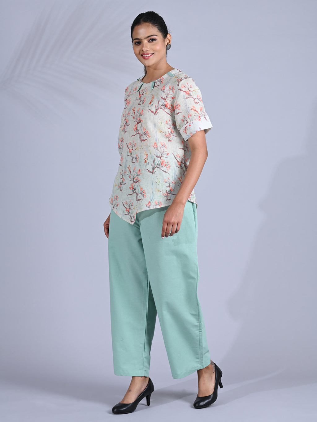 Maba Pure linen Floral print Mint Green Co-ord Set