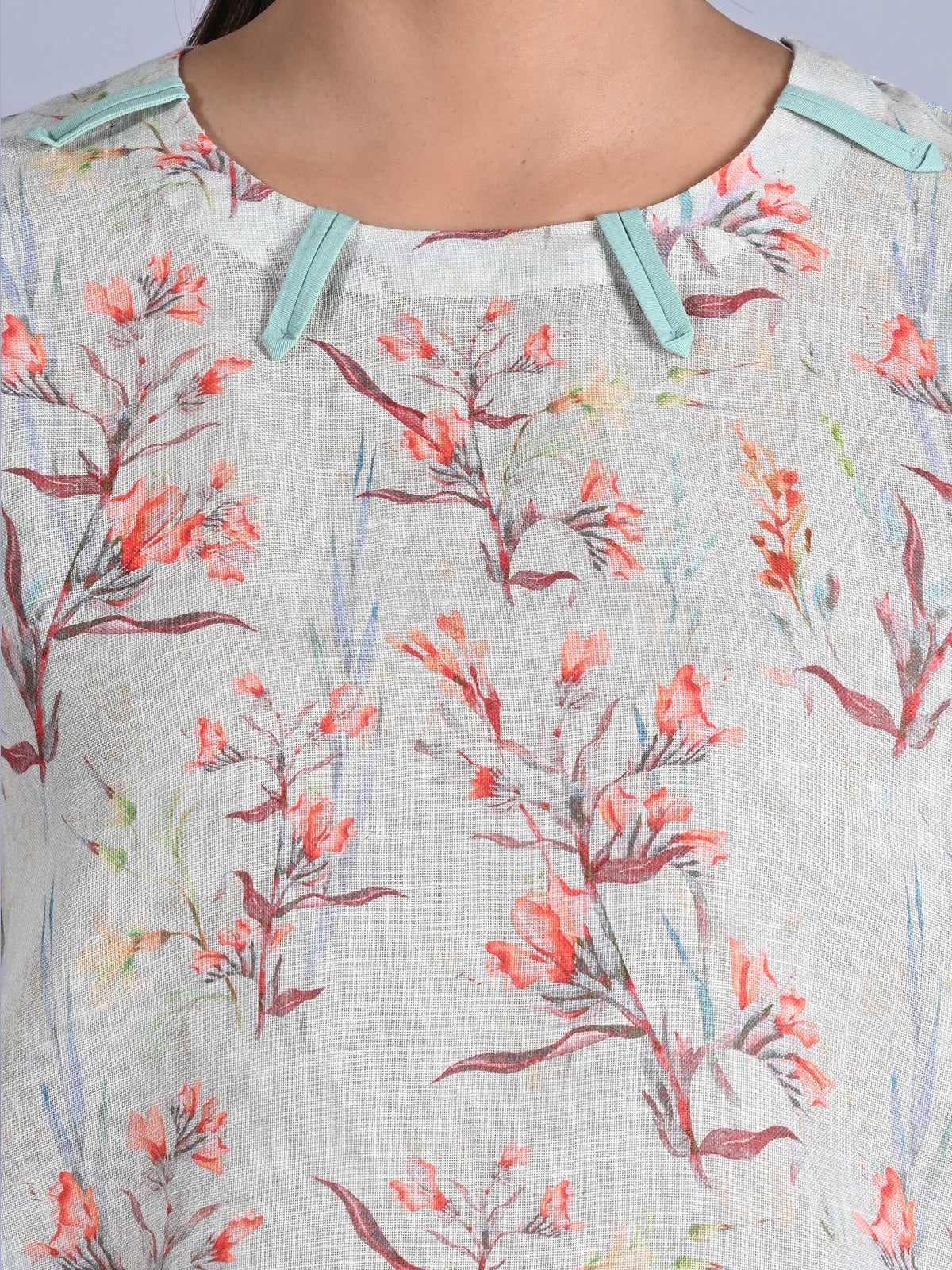 Maba Pure linen Floral print Mint Green Co-ord Set