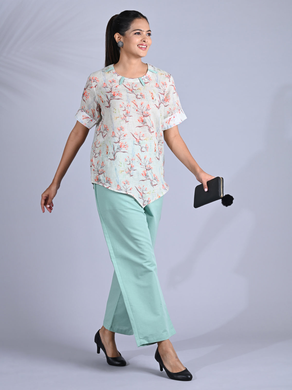 Maba Pure linen Floral print Mint Green Co-ord Set