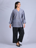 Maba Cotton x Silk V-Neck Powerlook Grey and black Co-ord Set