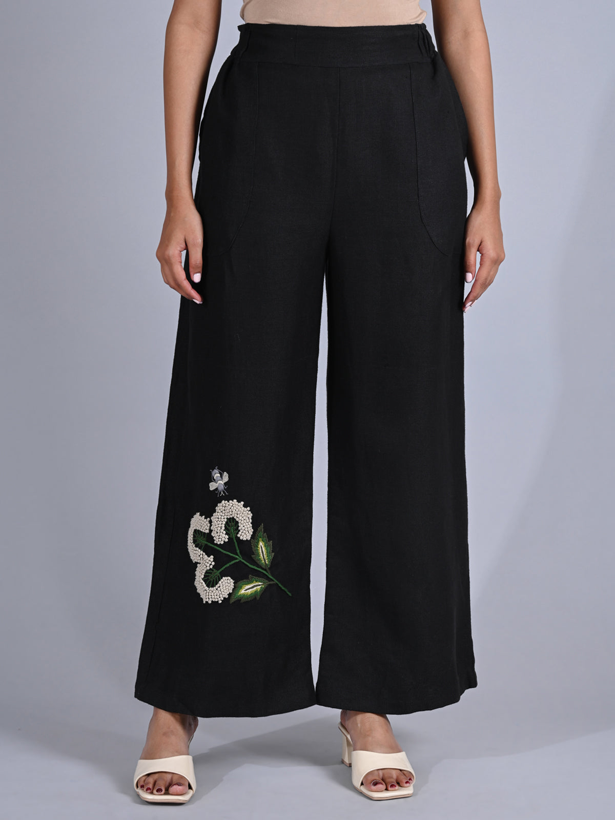 Maba Hand Embroidered Linen Black Trousers