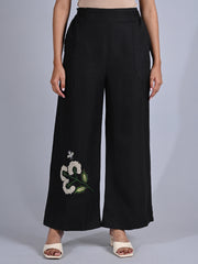 Maba Hand Embroidered Linen Black Trousers