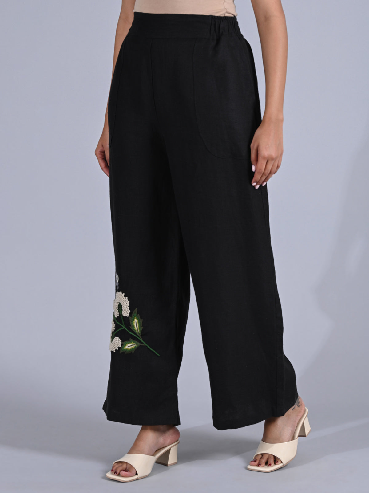 Maba Hand Embroidered Linen Black Trousers