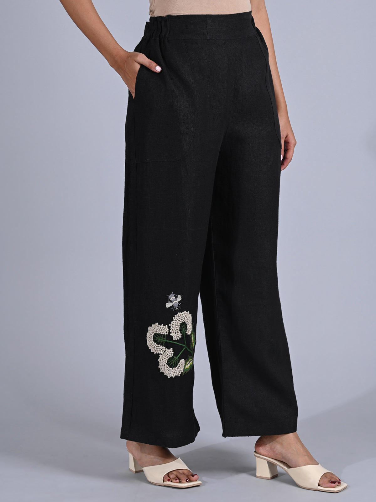 Maba Hand Embroidered Linen Black Trousers