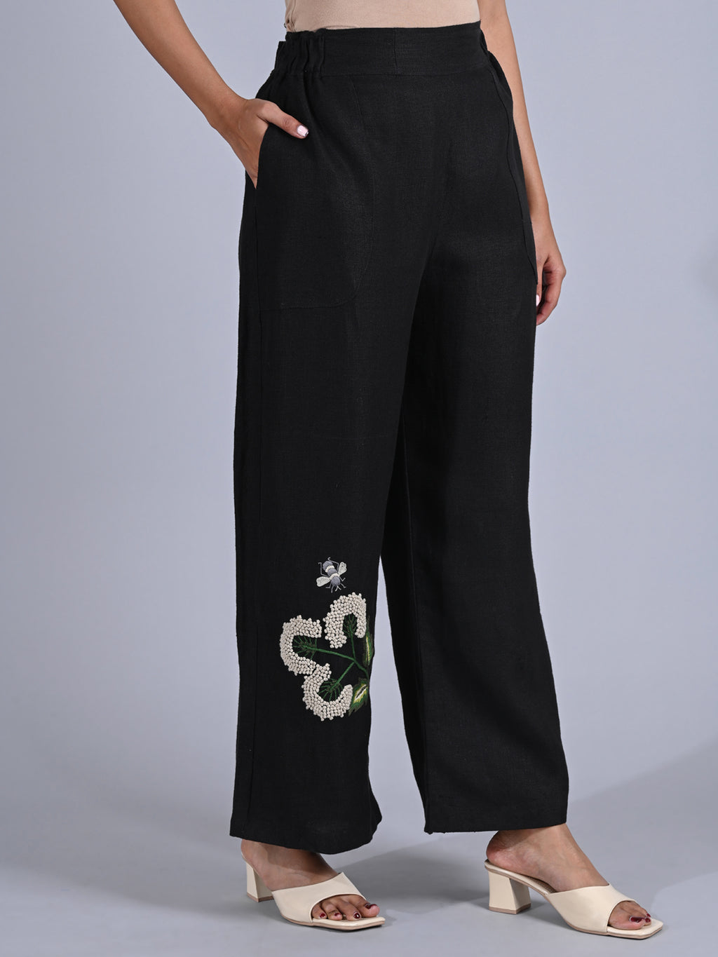 Maba Hand Embroidered Linen Black Trousers