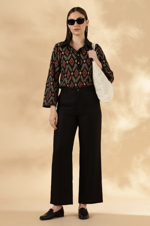 Black Ikkat Cotton Polo with bell sleeves